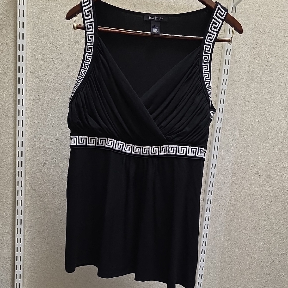 White House Black Market Black Sleeveless V-Neck Tank with White Greek Key Trim